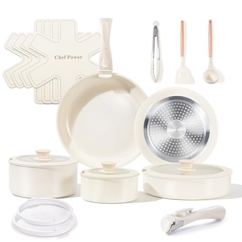 Chef Power Ceramic Cookware Set Non Toxic with Detachable Handles  Healthy Nonstick Pans and Pots Set 19 Pcs  Induction Dishwasher Oven Safe Kitchen Set  PFAS PFOA & PTFE Free  Cream White