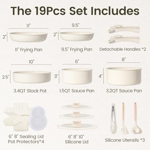 Chef Power Ceramic Cookware Set Non Toxic with Detachable Handles  Healthy Nonstick Pans and Pots Set 19 Pcs  Induction Dishwasher Oven Safe Kitchen Set  PFAS PFOA & PTFE Free  Cream White