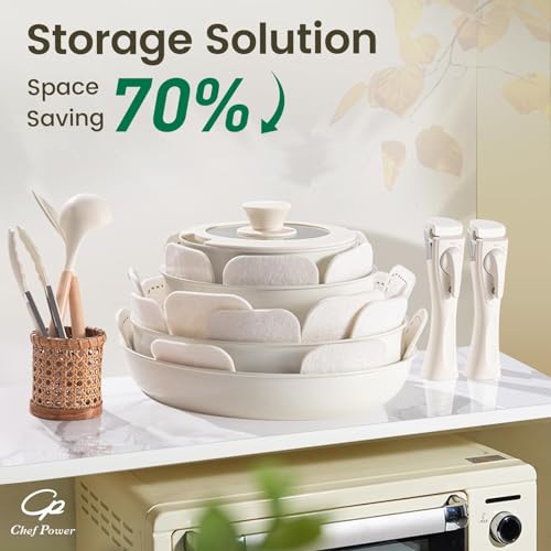 Chef Power Ceramic Cookware Set Non Toxic with Detachable Handles  Healthy Nonstick Pans and Pots Set 19 Pcs  Induction Dishwasher Oven Safe Kitchen Set  PFAS PFOA & PTFE Free  Cream White