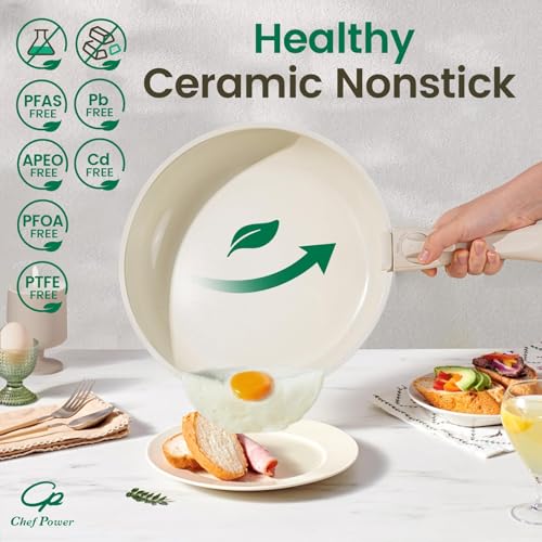 Chef Power Ceramic Cookware Set Non Toxic with Detachable Handles  Healthy Nonstick Pans and Pots Set 19 Pcs  Induction Dishwasher Oven Safe Kitchen Set  PFAS PFOA & PTFE Free  Cream White