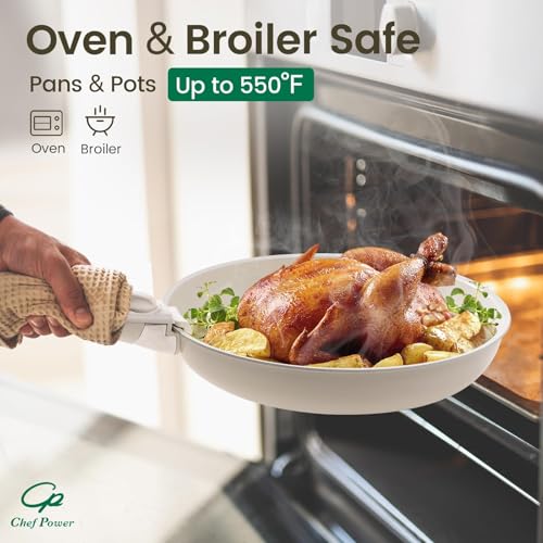 Chef Power Ceramic Cookware Set Non Toxic with Detachable Handles  Healthy Nonstick Pans and Pots Set 19 Pcs  Induction Dishwasher Oven Safe Kitchen Set  PFAS PFOA & PTFE Free  Cream White