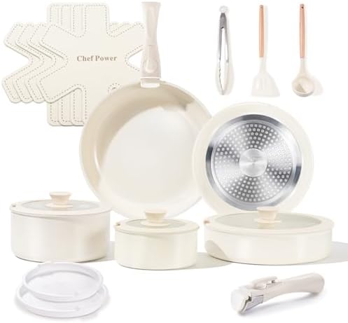 Chef Power Ceramic Cookware Set Non Toxic with Detachable Handles  Healthy Nonstick Pans and Pots Set 19 Pcs  Induction Dishwasher Oven Safe Kitchen Set  PFAS PFOA & PTFE Free  Cream White