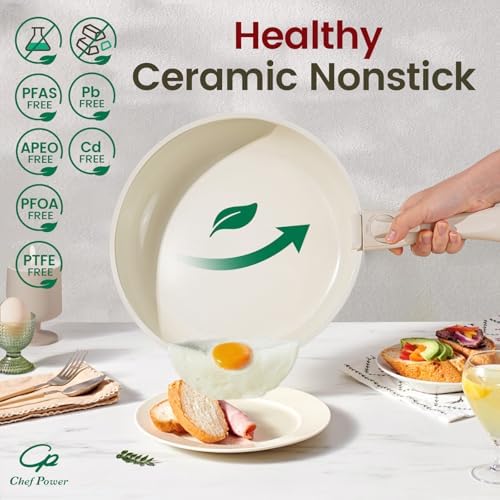 Chef Power Ceramic Cookware Set Non Toxic with Detachable Handles  Healthy Nonstick Pans and Pots Set 19 Pcs  Induction Dishwasher Oven Safe Kitchen Set  PFAS PFOA & PTFE Free  Cream White