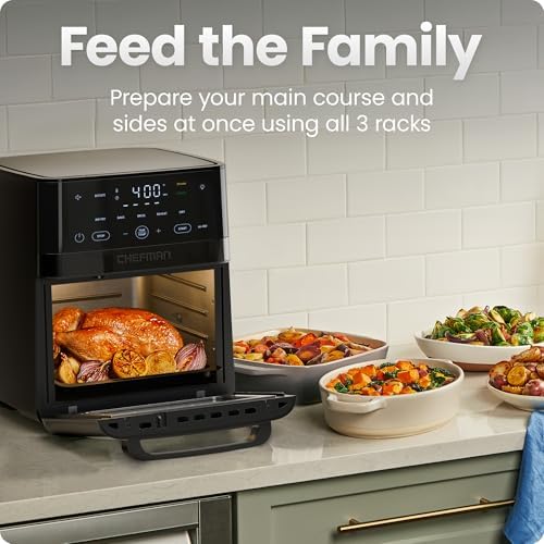 Chefman Air Fryer 6 in 1  XL 14 Quart Multifunctional Airfryer with Touchscreen Controls  Rotisserie  Food Dehydrator  Convection Oven  Bake  Broil  and Reheat Functions  Windowed Door   Black