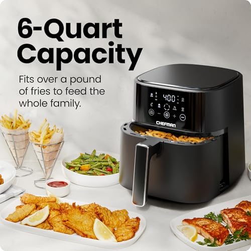 Chefman Air Fryer   6 QT Compact Airfryer for Quick & Easy Meals in Minutes  Features Hi Fry Technology for Extra Crisp  Touchscreen Controls with 4 Presets  Nonstick & Dishwasher Safe Basket   Black
