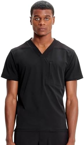 TALLA M - Cherokee Infinity IN700A - Camiseta médica con cuello en V para hombre, 1 bolsillo con cremallera en el pecho, cuello de punto acanalado, aberturas laterales