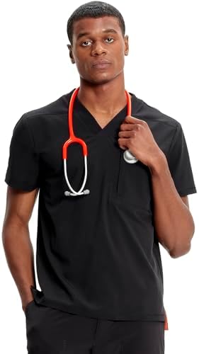 TALLA M - Cherokee Infinity IN700A - Camiseta médica con cuello en V para hombre, 1 bolsillo con cremallera en el pecho, cuello de punto acanalado, aberturas laterales