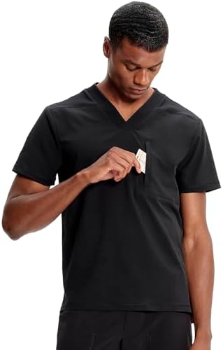 TALLA M - Cherokee Infinity IN700A - Camiseta médica con cuello en V para hombre, 1 bolsillo con cremallera en el pecho, cuello de punto acanalado, aberturas laterales