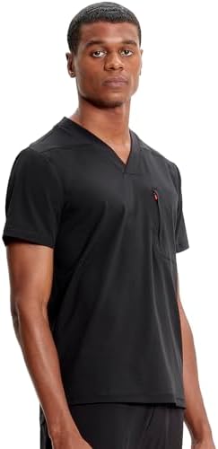 TALLA M - Cherokee Infinity IN700A - Camiseta médica con cuello en V para hombre, 1 bolsillo con cremallera en el pecho, cuello de punto acanalado, aberturas laterales