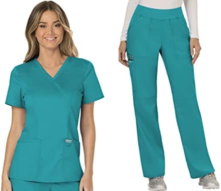 TALLA S - Cherokee Scrub Set For Women  Modern Classic Fit Mock Wrap Top WW610 With Mid Rise  Straight Leg Pant WW110