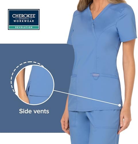 Cherokee Scrubs Top for Women Mock Wrap with 3 Pockets  Soft  2 Way Stretch & Durable Fabric   WW610