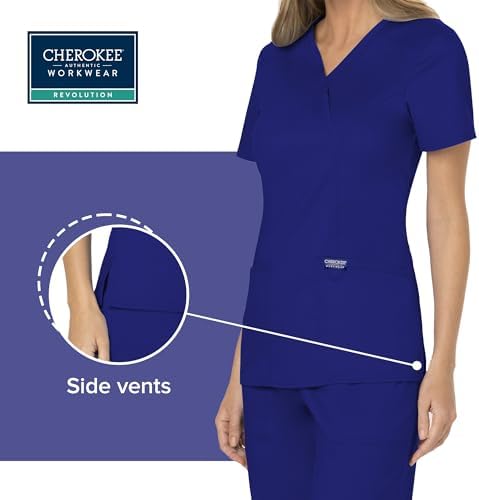Cherokee Scrubs Top for Women Mock Wrap with 3 Pockets  Soft  2 Way Stretch & Durable Fabric   WW610