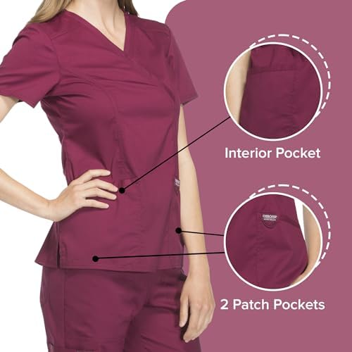 Cherokee Scrubs Top for Women Mock Wrap with 3 Pockets  Soft  2 Way Stretch & Durable Fabric   WW610