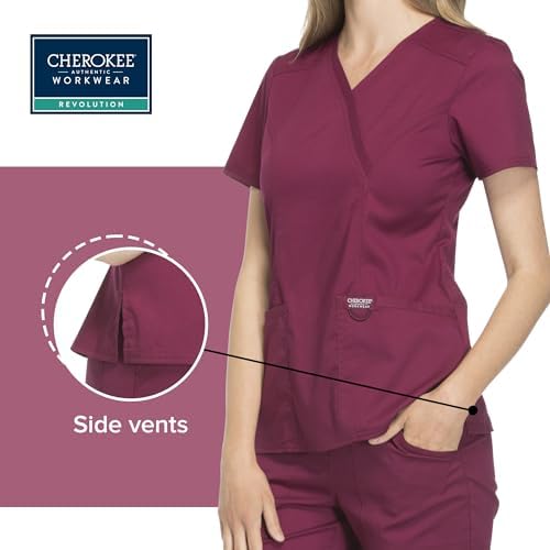 Cherokee Scrubs Top for Women Mock Wrap with 3 Pockets  Soft  2 Way Stretch & Durable Fabric   WW610