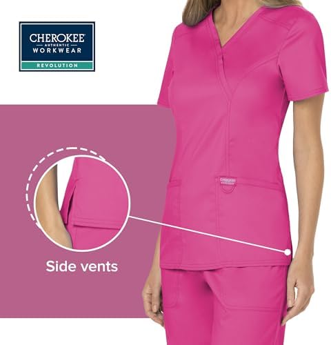 Cherokee Scrubs Top for Women Mock Wrap with 3 Pockets  Soft  2 Way Stretch & Durable Fabric   WW610