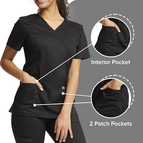 Cherokee Scrubs Top for Women Mock Wrap with 3 Pockets  Soft  2 Way Stretch & Durable Fabric   WW610