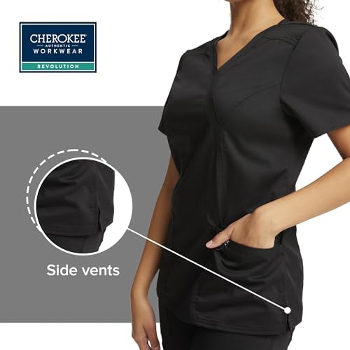 Cherokee Scrubs Top for Women Mock Wrap with 3 Pockets  Soft  2 Way Stretch & Durable Fabric   WW610