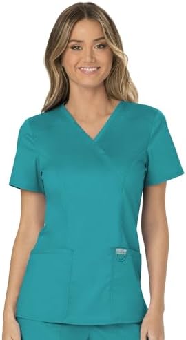 Cherokee Scrubs Top for Women Mock Wrap with 3 Pockets  Soft  2 Way Stretch & Durable Fabric   WW610