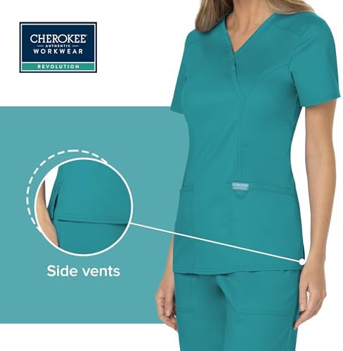 Cherokee Scrubs Top for Women Mock Wrap with 3 Pockets  Soft  2 Way Stretch & Durable Fabric   WW610
