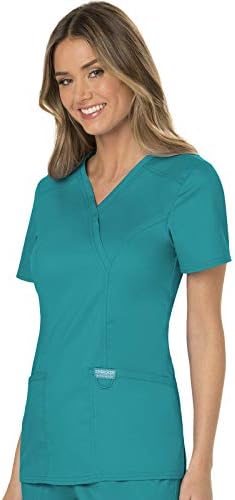 Cherokee Scrubs Top for Women Mock Wrap with 3 Pockets  Soft  2 Way Stretch & Durable Fabric   WW610