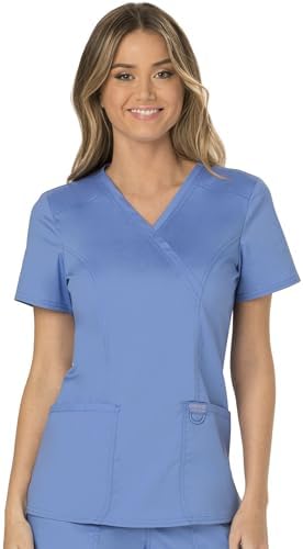 Cherokee Scrubs Top for Women Mock Wrap with 3 Pockets  Soft  2 Way Stretch & Durable Fabric   WW610