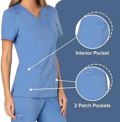 Cherokee Scrubs Top for Women Mock Wrap with 3 Pockets  Soft  2 Way Stretch & Durable Fabric   WW610
