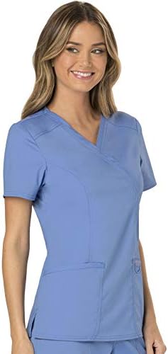 Cherokee Scrubs Top for Women Mock Wrap with 3 Pockets  Soft  2 Way Stretch & Durable Fabric   WW610