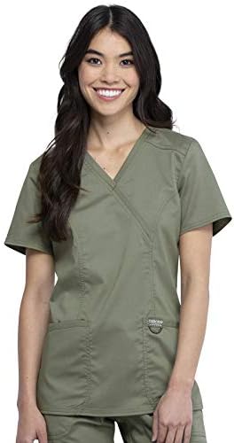 Cherokee Scrubs Top for Women Mock Wrap with 3 Pockets  Soft  2 Way Stretch & Durable Fabric   WW610
