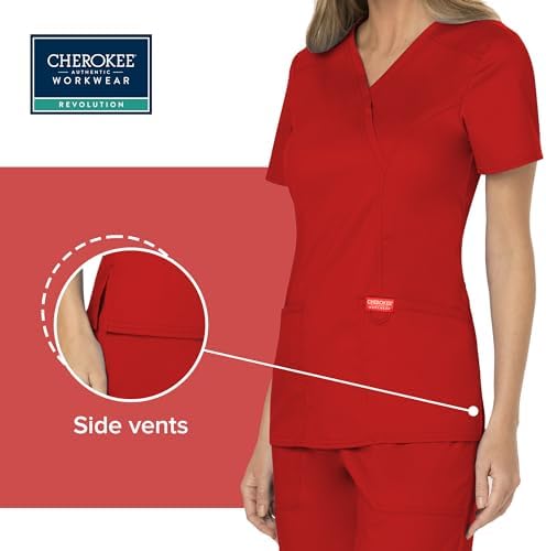 Cherokee Scrubs Top for Women Mock Wrap with 3 Pockets  Soft  2 Way Stretch & Durable Fabric   WW610