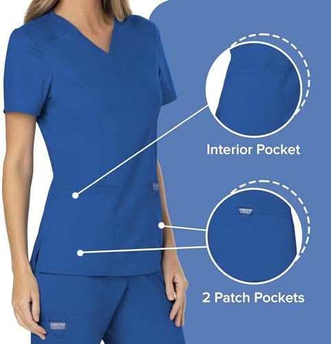 Cherokee Scrubs Top for Women Mock Wrap with 3 Pockets  Soft  2 Way Stretch & Durable Fabric   WW610