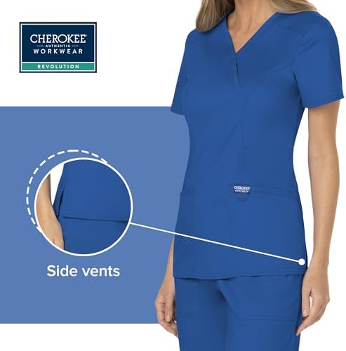 Cherokee Scrubs Top for Women Mock Wrap with 3 Pockets  Soft  2 Way Stretch & Durable Fabric   WW610