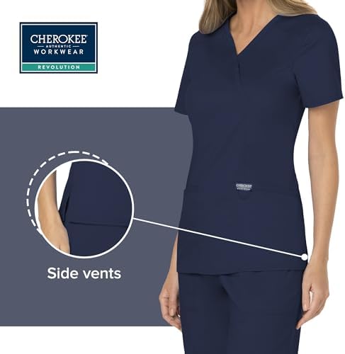 Cherokee Scrubs Top for Women Mock Wrap with 3 Pockets  Soft  2 Way Stretch & Durable Fabric   WW610