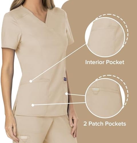 Cherokee Scrubs Top for Women Mock Wrap with 3 Pockets  Soft  2 Way Stretch & Durable Fabric   WW610
