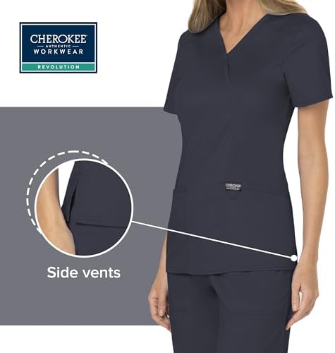 Cherokee Scrubs Top for Women Mock Wrap with 3 Pockets  Soft  2 Way Stretch & Durable Fabric   WW610
