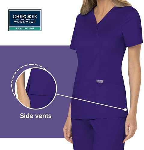 Cherokee Scrubs Top for Women Mock Wrap with 3 Pockets  Soft  2 Way Stretch & Durable Fabric   WW610