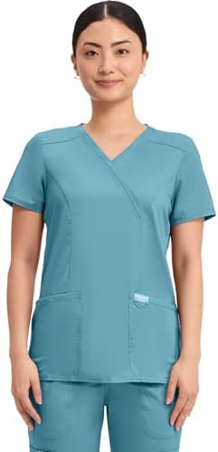 Cherokee Scrubs Top for Women Mock Wrap with 3 Pockets  Soft  2 Way Stretch & Durable Fabric   WW610