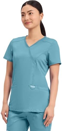 Cherokee Scrubs Top for Women Mock Wrap with 3 Pockets  Soft  2 Way Stretch & Durable Fabric   WW610