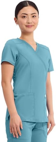 Cherokee Scrubs Top for Women Mock Wrap with 3 Pockets  Soft  2 Way Stretch & Durable Fabric   WW610