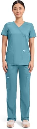 Cherokee Scrubs Top for Women Mock Wrap with 3 Pockets  Soft  2 Way Stretch & Durable Fabric   WW610