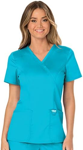 Cherokee Scrubs Top for Women Mock Wrap with 3 Pockets  Soft  2 Way Stretch & Durable Fabric   WW610