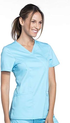 Cherokee Scrubs Top for Women Mock Wrap with 3 Pockets  Soft  2 Way Stretch & Durable Fabric   WW610
