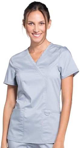Cherokee Scrubs Top for Women Mock Wrap with 3 Pockets  Soft  2 Way Stretch & Durable Fabric   WW610