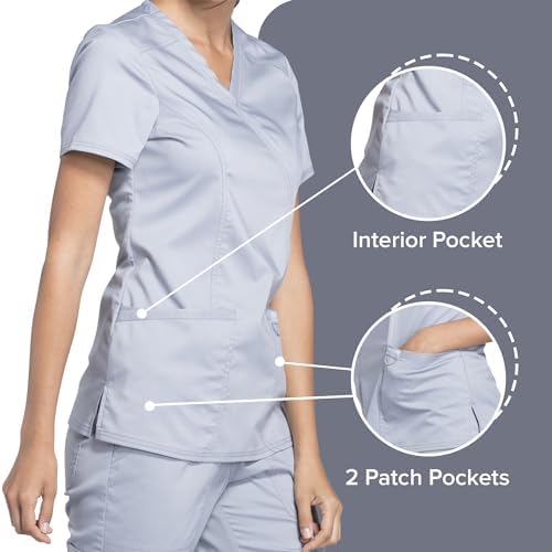 Cherokee Scrubs Top for Women Mock Wrap with 3 Pockets  Soft  2 Way Stretch & Durable Fabric   WW610