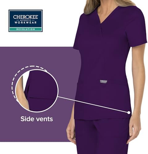 Cherokee Scrubs Top for Women Mock Wrap with 3 Pockets  Soft  2 Way Stretch & Durable Fabric   WW610