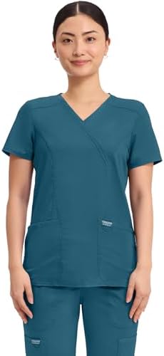 Talla S - Cherokee Scrubs Top for Women Mock Wrap with 3 Pockets  Soft  2 Way Stretch & Durable Fabric   WW610
