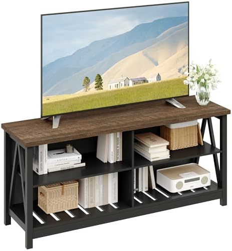 ChooChoo Farmhouse TV Stand for TVs up to 55 Inch  Modern Entertainment Center with 4 Open Shelves & Built in Cable Holes  Media TV Console for Living Room  Bedroom  Black