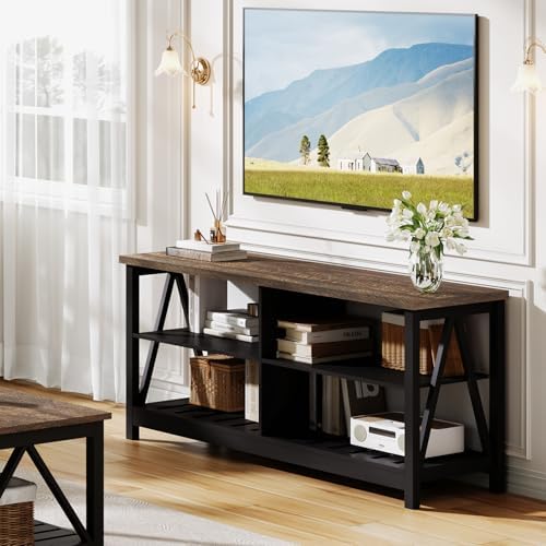 ChooChoo Farmhouse TV Stand for TVs up to 55 Inch  Modern Entertainment Center with 4 Open Shelves & Built in Cable Holes  Media TV Console for Living Room  Bedroom  Black