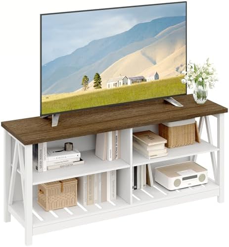 ChooChoo Farmhouse TV Stand for TVs up to 55 Inch  Modern Entertainment Center with 4 Open Shelves & Built in Cable Holes  Media TV Console for Living Room  Bedroom  Black