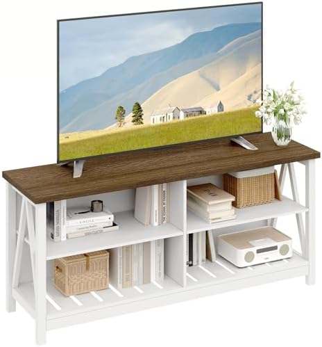 ChooChoo Farmhouse TV Stand for TVs up to 55 Inch  Modern Entertainment Center with 4 Open Shelves & Built in Cable Holes  Media TV Console for Living Room  Bedroom  Black