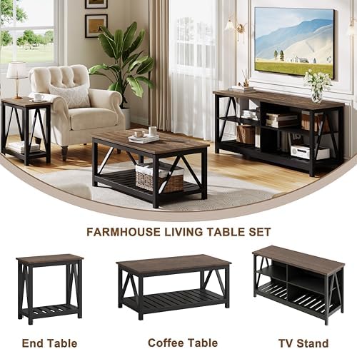 ChooChoo Farmhouse TV Stand for TVs up to 55 Inch  Modern Entertainment Center with 4 Open Shelves & Built in Cable Holes  Media TV Console for Living Room  Bedroom  Black